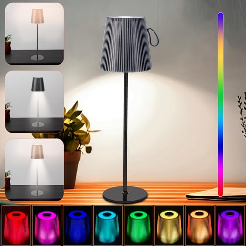 LED Tischleuchte Kabellos, Dimmbare LED Akku Tischleuchte, Wei&szlig;es Lichtfarbe 3000K+RGB, Magnetisches Design, Akku Tischlampe Aufladbar mit USB, IP54 Wasserdichte f&uuml;r Indoor Outdoor Schlafzimmer Bar