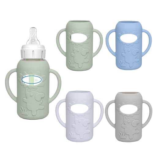 WAJIAYON 4 Pack Silicone Sleeves for Dr. Browns Glass Baby Bottles -Drop Protection Easy-Grip Baby Bottle Sleeves Holder with Handles Compatible with Dr. Browns Newborn Glass Bottles 4 oz/120 ml