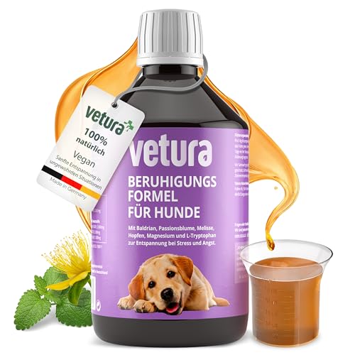 Vetura Beruhigungs-Formel für Hunde | 500 ml | Ergänzungsfuttermittel mit Baldrian, Kräutern & Magnesium | Zur Unterstützung in stressbedingten Phasen | Ohne künstliche Zusatzstoffe | Made in Germany