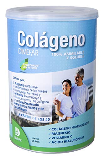 DIMEFAR - Colágeno Hidrolizado en Polvo - Mantenimiento Articulaciones + Músculos - Colágeno + Vitamina C + Magnesio + Ácido Hialurónico, 350g | Colágeno en Polvo para Músculos y Articulaciones