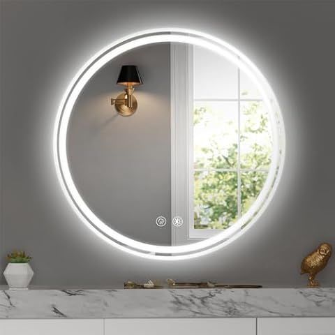 Kwnces LED Bathroom Vanity Mirrors 28" Round Metal Mirror, Bathroom Vanity Wall Mirrors Anti-Fog Vanity Mirror with Lights, Stepless Dimmable Lighted Mirror, 3 Colors Smart Mirror Cover