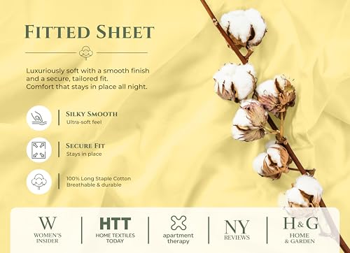 Image of Royale Linens 100% Organic Cotton Queen Fitted Sheet Only - Percale Weave - Super Soft Deep Pocket Bottom Sheets - Yellow Elastic Sheet - Queen Size Fitted Sheets Only - (60 inchx80 inch+15 inch, Yellow)