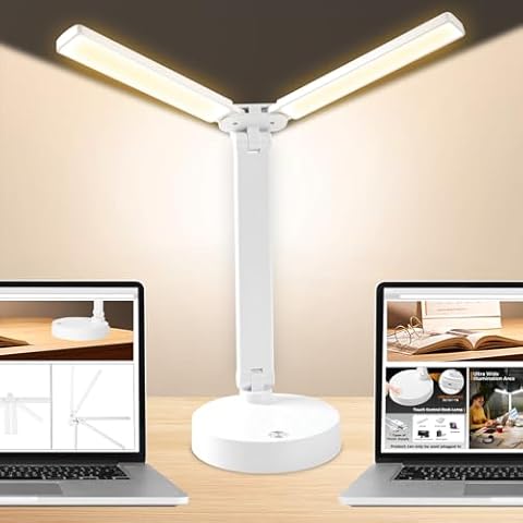 candyfouse LED Desk Lamp Dimmable Double Swing Reading Lamp with USB Charging Port, 3 Lighting Modes, Sensitive Control, Eye-Caring Office Lamp for Study Reading Drafting (White) Cover