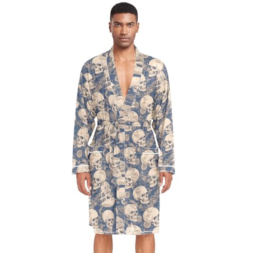 Amooorous - Albornoz con capucha para hombre, diseño de calavera misteriosa, ligera, para verano, ropa de noche, ropa de dormir para hombre, albornoz con capucha, para el hogar, playa, talla L