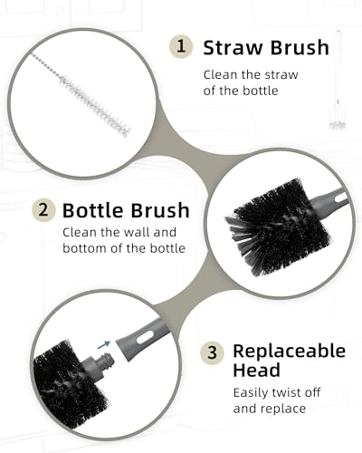 Image of ROSEOK 2 in 1 Bottle Brush with Straw Cleaner Brush, Water Bottle Brush | For Cleaning Glass, Sports Bottle, Coffee Mug, Cup Cleaner, Black, 1 Pack