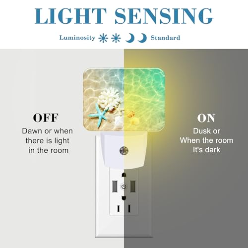 Image of Starfish Coral and Seashell Plug in Night Lights, Beach in Sea Water Nightlight Plug Into Wall Dusk to Dawn Sensor for Kid Girls Boys Women Men Room, Hallway, Kitchen, Bathroom, Stairs Decor