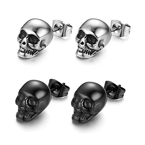 Clyhon 2 Paires Boucles d'Oreilles Piercing Tête de Mort Homme Boucles d'Oreilles Tête de Mort Acier Inoxydable Hip Hop Punk Jazz Oreille Bijoux Punk Acier Inoxydable Boucles d'Oreilles Tête de Mort