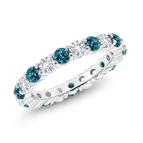 Gem Stone King 2.60 Cttw London Blue Topaz and White Created Sapphire Eternity Band Ring For Women | 925 Sterling Silver | Round 3MM | Gemstone Birthstone | Available 5,6,7,8,9