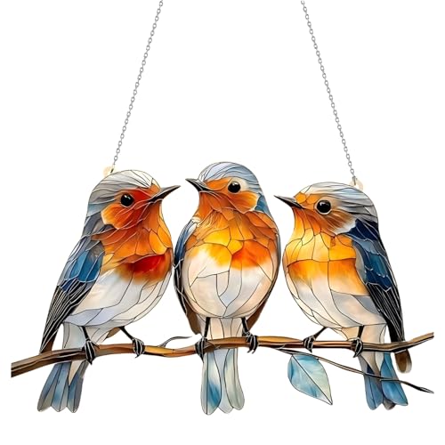 Acrylic Hanging Garden Suncatcher Robin On Branch Suncatchers for Windows Robin Gifts Sun Catchers for Garden Robin Ornaments for Garden Garden Hanging Ornaments Outdoor (Three robins)