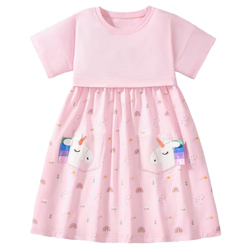 Gumyoss Robe Fille Licorne Enfant Robe Coton Courtes Casual Anniversaire Printemps Ete Fille Vetement 4 Ans,Licorne/Rose2