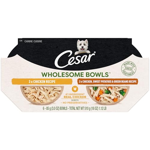 Cesar Wholesome Bowls Adult Wet Dog Food, Chicken Recipe and Chicken, Sweet Potatoes & Green Beans Recipe Variety Pack, 3 oz. (6 Count, Pack of 1)
