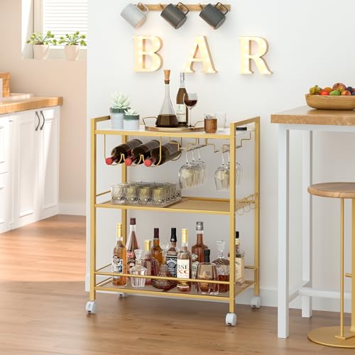 Image of Joaxswe Bar Cart,3-Tier Home Bar Serving Cart with Lockable Wheels,Gold | Microwave Cart,Mobile Kitchen Shelf,Rolling Beverage Cart with Wine Rack and Glass Holder for Kitchen,Dinning Room