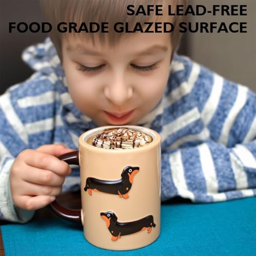Textured Dachshund Coffee Mug, 16oz Ceramic Cup with 3D Relief Design, Beige with Black Handle Gift for Dog Lovers