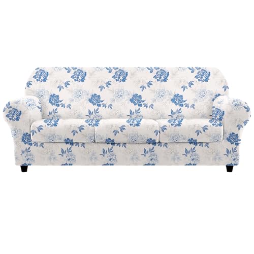 Arquiel Funda Sofa 3 Plaza, Funda EláStica para Sofá Funda 4 Piezas Jacquard Funda De Sofá con Reposabrazos Antideslizante Antimanchas Lavable(Gran Flor Azul)
