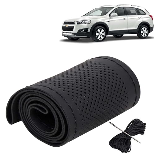 Image of KINGSWAY PU Leatherite Car Steering Cover Sewable Compatible with Chevrolet Captiva (Year 2006-2016), Black Color with Black Thread, Pack of 1 with Sewing Needle and Thread