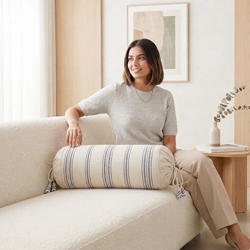 Image of SAJAVAT HOME 100% Cotton Striped Bolster Cover Pack of 2 15x30 | Textured Round Side Pillow Covers for Sofa, Bed & Diwan | Soft Breathable Bolster Pillow Covers | Beige & Grey