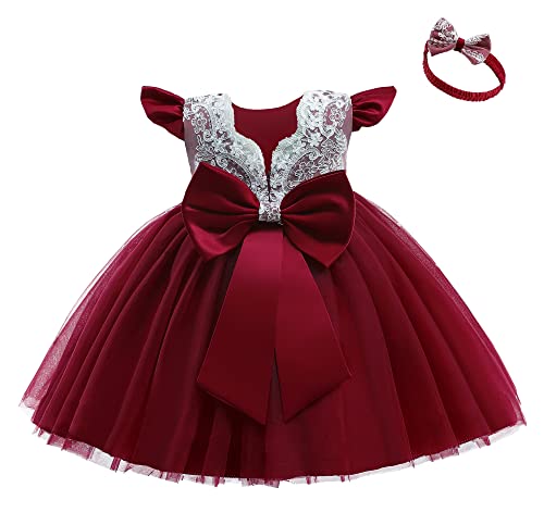 NSSMWTTC Little Girls Christmas Pageant Wedding Dresses Kids Toddler Formal Baptism Ball Gown Tutu Easter Flower Dress (7885 Burgundy,100)