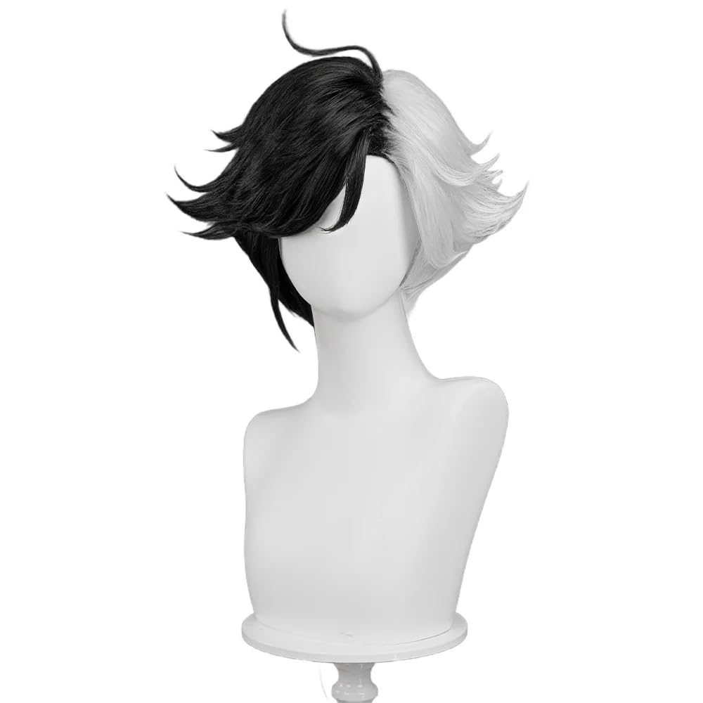 KIRA KIRA Lunaa Snoww Cosplay Wig 35cm/13.7’’ Game Lunaa Snoww Wig Short Straight Black White Hair for Halloween Cosplay