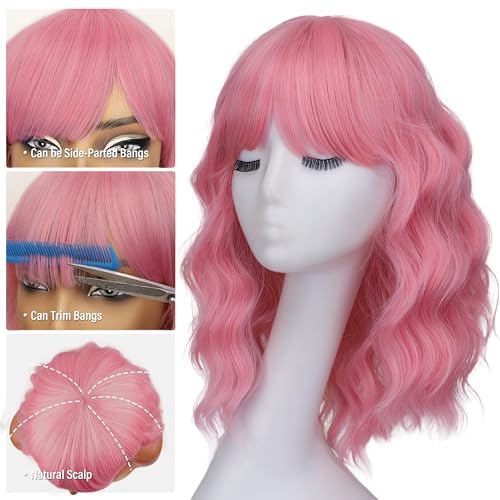 Image of Nnzes Short Wavy Bob Wig with Bangs for Women Shoulder Length Curly Pink Synthetic Heat-Resistant Fiber Hair for Daily & Party Use