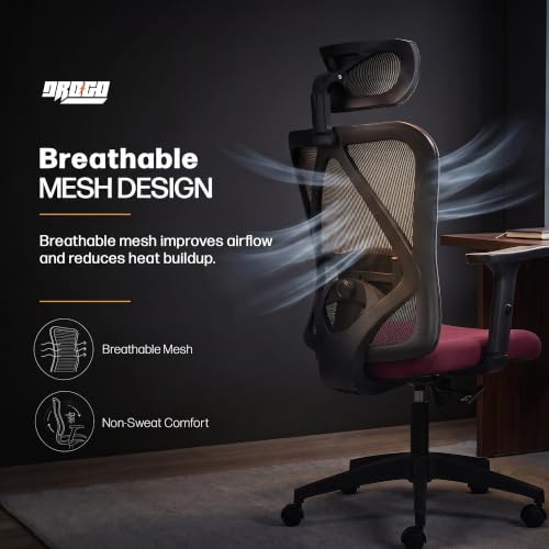 Image of DROGO Ergonaut Ergonomic Office Chair for Work from Home | Computer Chair with 2D Headrest, Armrests & Adjustable Lumbar Support | Breathable Mesh with 120 Recline, 1-Year Warranty (Black & Red)