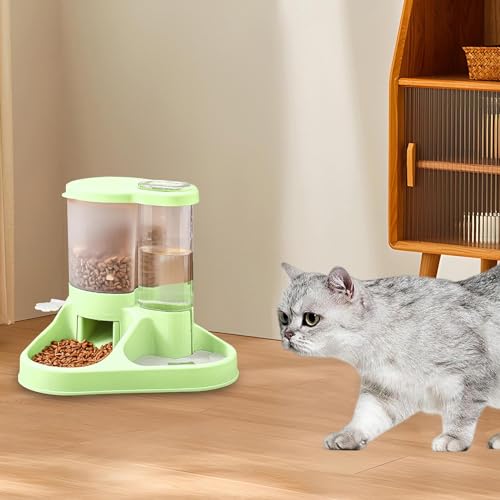 Image of Dog Bowl, 2 in 1 Automatic Cat Food and Water Bowl Set with Water Dispenser and Stainless Steel Bowl for Cats and Small Dogs Automatic Water Feeder Water Drinker (Green)
