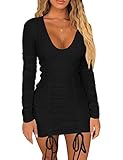 Mizoci Women's Sexy Bodycon Ruched Deep V Neck Drawstring Mini Club Party Dresses,Large,Black