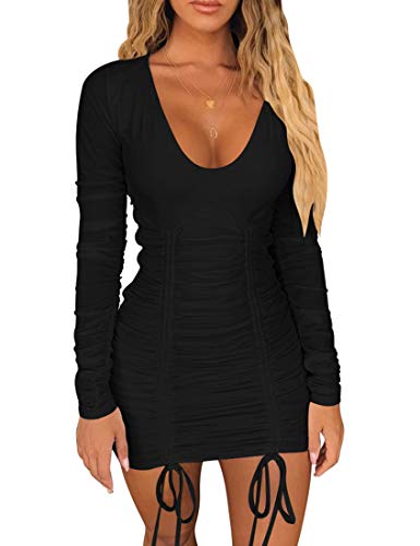 Mizoci Women s Sexy Bodycon Ruched Deep V Neck Drawstring Mini Club Party Dresses,Large,Black