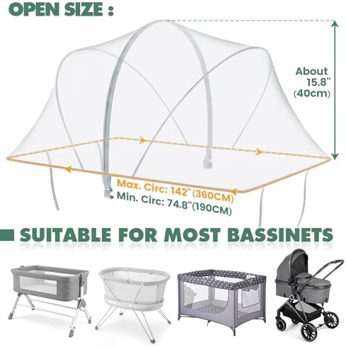 Orzbow Bassinet Cover for Cats - Breathable Mosquito Net Cover for Cradles/Travel Cribs/Mini Cribs, Baby Mosquito Net to Keep Pets Out, Baby Bassinet Accessories, Two-Way Self-Locking Zippers, White