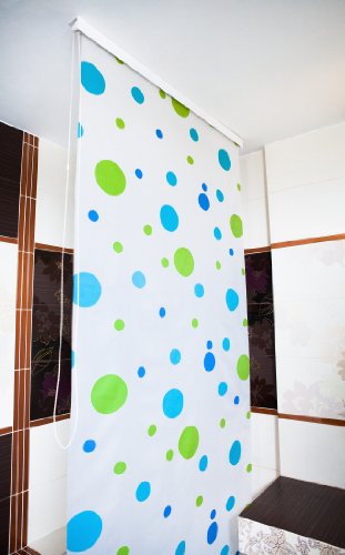Estor de ducha (enrollable, 140 x 240 cm), diseño de lunares, color blanco, azul y verde