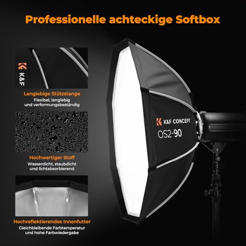 K&F CONCEPT 90cm Octagonal Softbox Schnellmontage w/Gitter+Diffusor+Tasche – Ansicht 4