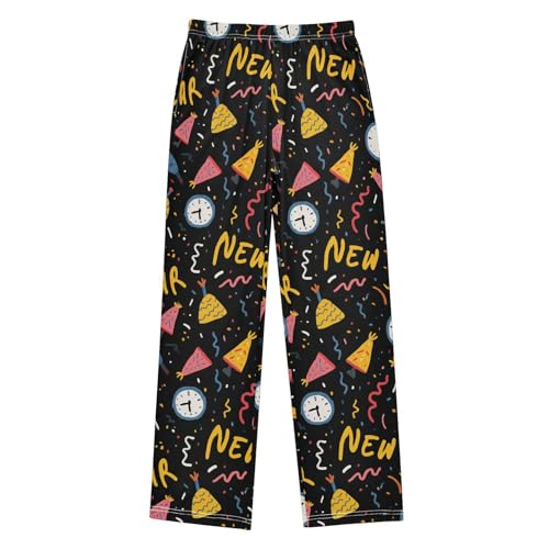 Yuiboo Loose Sleepwear Trouser New Year Party Black Pajama Pants Indoor With 2 Pockets 13-14Y