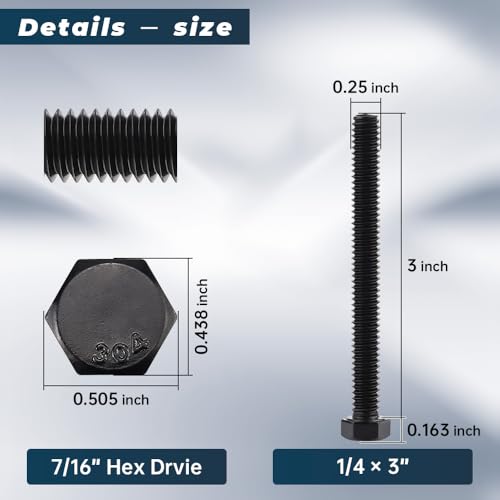 Image of Glvaner 1 /4-20 x 3 Stainless Steel Hex Head Screws Bolts, Black Coated, 304 Stainless Steel 18-8, Hexagon Head Bolts, Full Thread, 12 pcs