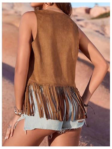 Women's Tassel Vest 70s Hippie Faux Suede Cowgirl Western Jacket Open Front Fringe Vest Boho Hollow Out Cardigan Vest2