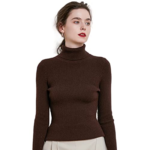 ZHONGLE Jersey de Cuello Alto de Cachemira para Mujer,Suéteres y Jerseys de Cachemira,Cachemira Cuello Alto Invierno cálido Jersey Jersey para Mujer (X-Large,Café)
