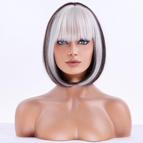 BERON Brown Platinum Short Wigs Straight Bob Hair Wig for Women Wigs with Bangs Synthetic Daily Use Wigs Wig Cap Include