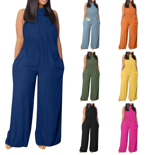 Plus Size Linen Jumpsuits for Women,Wide Leg Jumpsuit 2024 Sexy Sleeveless Summer Jumpsuits with Pockets Oversized Jumpsuits for Women Loose Casual Linen Jumpsuits Yellow Jumpsuit Womens Jumpsuits