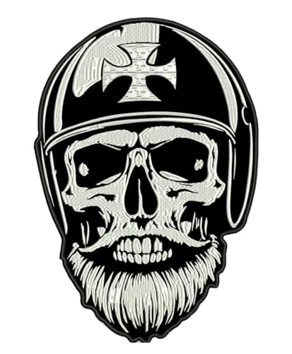 Toppa Ricamata Termoadesiva - PATCHES - Patch Biker - Teschio Skull Barbuto Motorcycles, da Ricamo per decorare Gilet da Moto, Giubbotto o Abbigliamento Fai da Te (Piccolo)