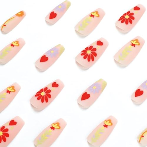 24 Pcs Coffin Shape Press On Nails,Medium Length With Multicolor Flowers French Designs Fake False Nails With Glue,Nail Art For Women And Girl Stick On Nails #TOP2