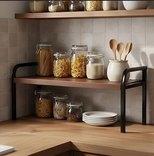 Image of ABJA Kitchen Stylish Counter Top Organizer, Rack Stand for Storage, Wooden Shelf, Spice Rack Organizer, Oil Stand, Tabletop Rack For Makeup, Office (1Tier,Rustic Brown)