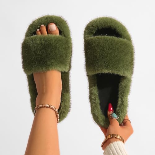 Women's Fuzzy Fluffy Furry Fur Slippers Flip Flop Open Toe Cozy Faux Fur Slip-On With Rubber Soles Shoes4