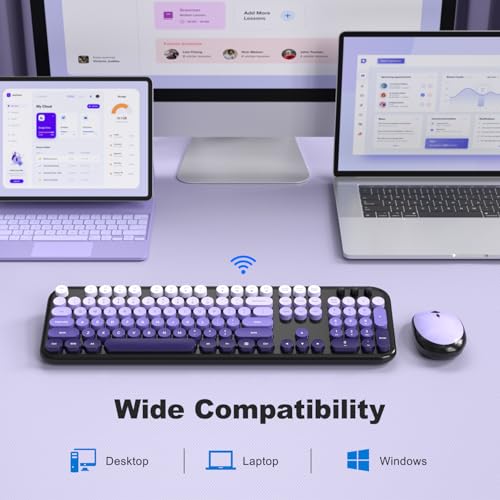Image of Wireless Keyboard Mouse Combo - Lovely Blackpurple-Gradient Rainbow Full-Sized Typewriter Colorful Keyboards, Round Keycap Plug Play Retro Cute Keyboards for Windows, Laptop, PC, Desktop, Computer