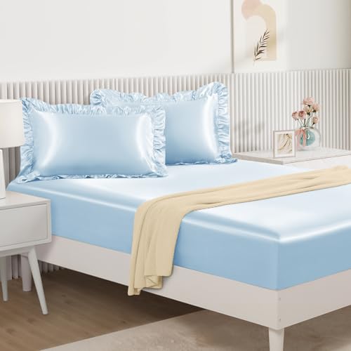 Image of Homiest Baby Blue Full Ruffle Pillowcase & Satin Fitted Sheet Set 3Pcs | Silky Satin Protects Hair And Skin, 15-Inch Deep Pocket, Pearlescent Airy Serene Feel, Easy Machine Wash Care