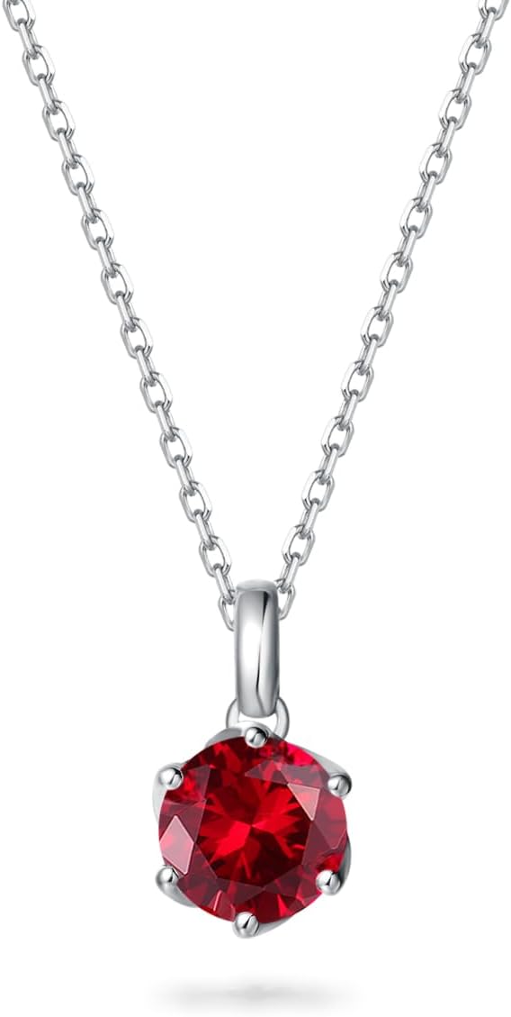 FANCIME 14K Solid White Gold Flower Pendant with Sterling Silver Chain Birthstone Heart Red Gemstone Fine Jewelry Birthday Mothers Day Gifts for Women Her