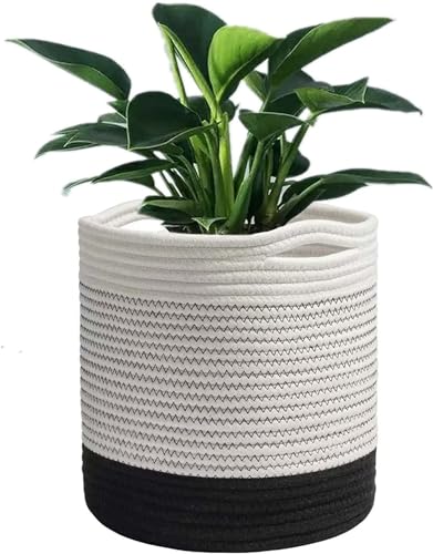 KMERCE Gross Pflanzkorb geflochten, Blumentopf Korb 25cm Durchmesser, übertöpfe für zimmerpflanzen, blumenkorb Indoor, übertopf Korb Gross innen Boho, pflanzentopf Gestrickt mit Griffen(weiß+schwarz)