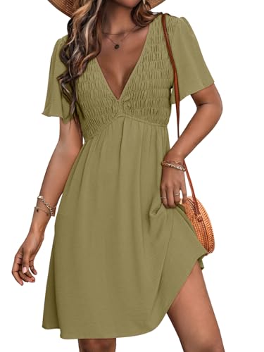 Image of Simplee Womens Summer Casual V Neck Dress Sexy Short Sleeve Mini Sundress Boho Western Empire Waist Pocket Dresses 2026
