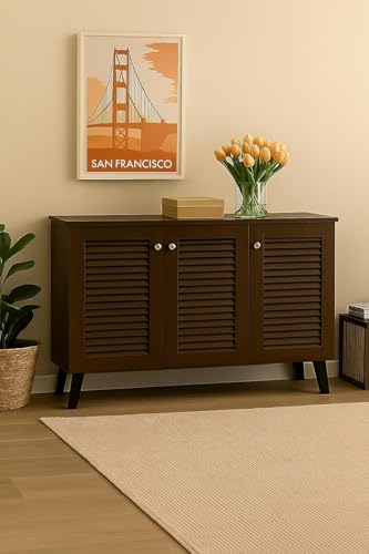 Image of Mevigo Shoe Rack Wooden with Door - 3 Door 6- Tier Engineered Wood Shoe Rack Organizer for Entryway, Hallway & Bedroom, Space Saving Shoe Storage Cabinet -Brown-VA2