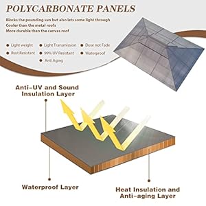 EROMMY 10 x 13 Gazebo Polycarbonate Double Roof Canopy Outdoor Aluminum Frame Pergola Permanent Pavilion with Netting and Curtains for Garden Patio Lawns Parties