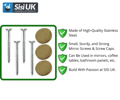 Mirror Screw 38mm & Brushed Brass Flat Screw Caps 19 mm Mirror Screws with Decorative Cap Covers Mirror Screws Fitting Set for Mirror Tables Bath Plates Wardrobes Glass Signs Pack of 4 - Image 3