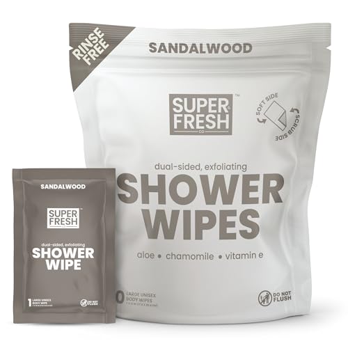Super Fresh Shower Wipes Large Sandalwood Body Wipes for No Rinse Bathing Personal Hygiene Gym Travel or Camping Enriched with Aloe and Vitamin E 10 Individually Wrapped Disposable Sheets