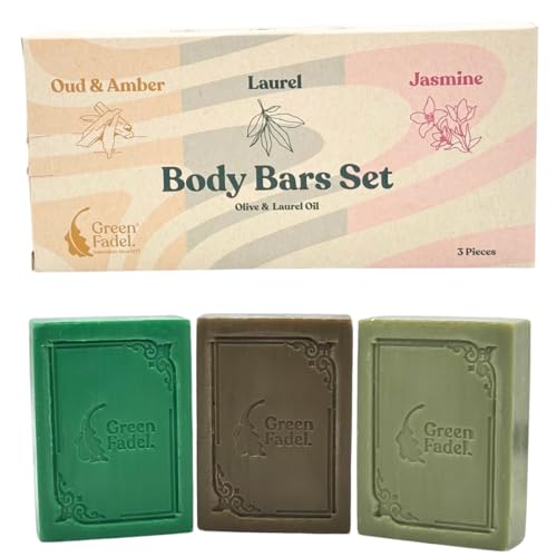 GREEN FADEL (Luxury) Jabón de Alepo Original, Set de 3: Laurel, Oudh y Ámbar, Jazmín, Jabón de Alepo con Aceite de Oliva y Aceite de Laurel, Jabón de Aceite de Oliva, Luxury Aleppo Soap, Jabón Natural